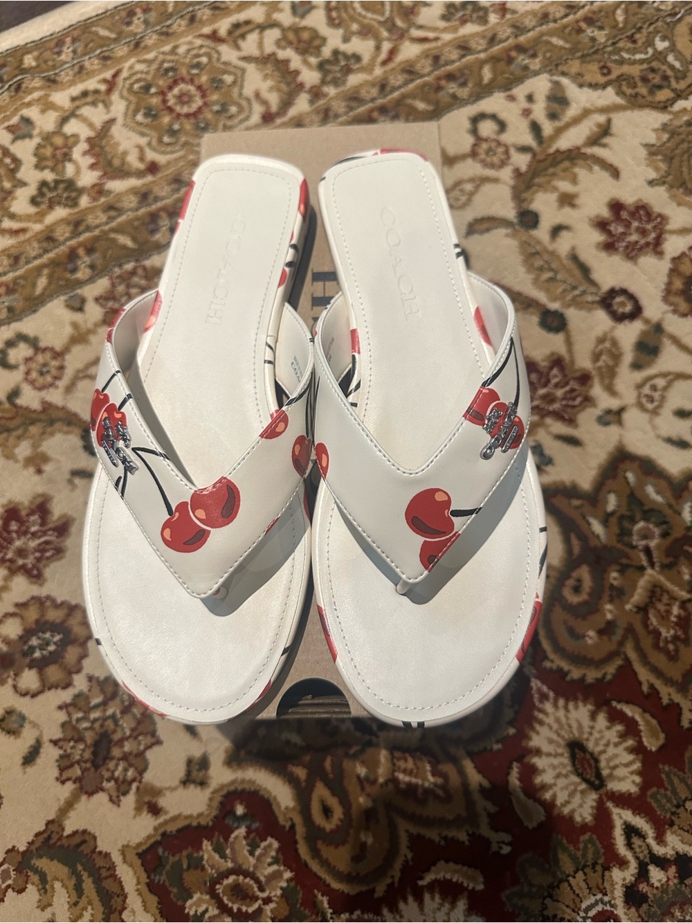 Coach White Thong Sandals with Red Cherry Print